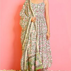 Off White Cotton Hand Printed Floral Round Anarkali Pant Set For Women